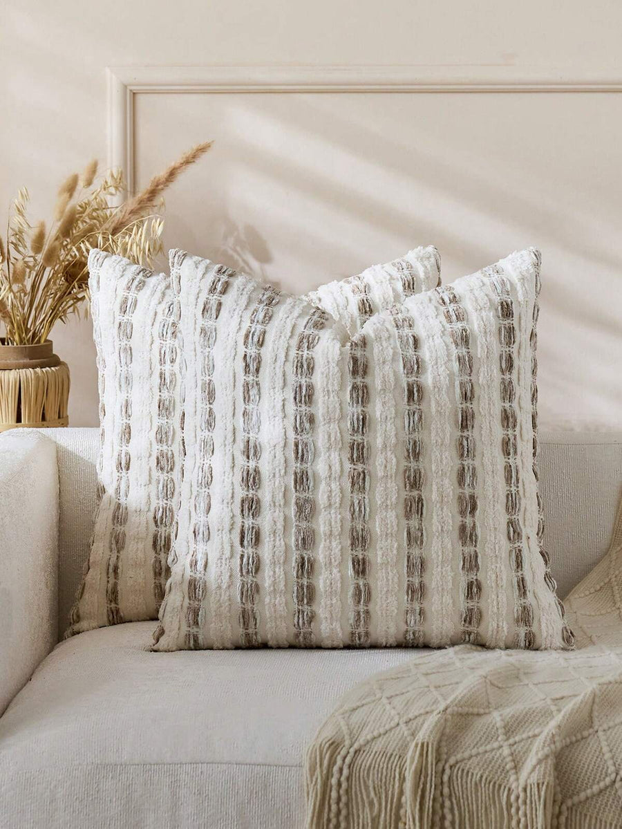 1pc/2pcs Set Beige Thick Striped Throw Pillow Cover, Bohemian Farmhouse Chenille Cushion Cover, Neutral Color Pillow Sham For Sofa, Bed, Bedroom, Dining Room, Party, Decor, All Season